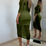 Women's 2 Piece Set Mesh Ruched Midi Dress Puff Sleeve Button Down Sheer Overlay Bodycon Dress with Camisole Slip Dress