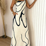 Abstract Print Square Neck Thick Strap Maxi Dress Elegant Side Slit Vacation Dress