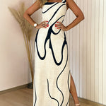 Abstract Print Square Neck Thick Strap Maxi Dress Elegant Side Slit Vacation Dress
