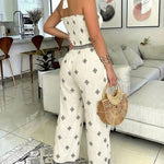 2 Pieces Outfit Halter Sleeveless Shirred Crop Top and Elastic Waist Wide Leg Pants Set Casual Vintage Tribal Print Vacation Set