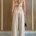 CHICME Women's Cut-out Waist Cami Jumpsuit Backless Tie-Back Lantern Romper Ruched High Waist Summer Jumpsuit