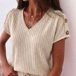 Women's Ribbed Knit 2 Piece Outfits V Neck Short Sleeve Top and Drawstring Shorts Set Casual Lounge Suits with Pockets
