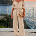 Women's Cold Shoulder Jumpsuit Gold Chain Lace Patchwork Overalls Tapered Leg Jumpsuits with Pockets & Belt