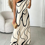 Abstract Print One Shoulder Bodycon Maxi Dress Casual Faux Two Piece Slit Dress
