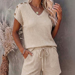Women's Ribbed Knit 2 Piece Outfits V Neck Short Sleeve Top and Drawstring Shorts Set Casual Lounge Suits with Pockets