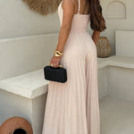 Women's Pleated Wide Leg Jumpsuit Spaghetti Strap High Waisted Shirred Backless Flared Overalls