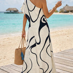 Abstract Print One Shoulder Bodycon Maxi Dress Casual Faux Two Piece Slit Dress