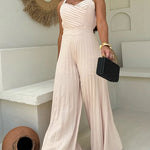 Women's Pleated Wide Leg Jumpsuit Spaghetti Strap High Waisted Shirred Backless Flared Overalls