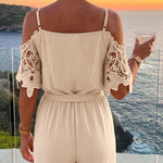 Women's Cold Shoulder Jumpsuit Gold Chain Lace Patchwork Overalls Tapered Leg Jumpsuits with Pockets & Belt