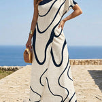 Abstract Print One Shoulder Bodycon Maxi Dress Casual Faux Two Piece Slit Dress
