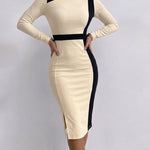 Women's Contrast Binding Midi Dress Long Sleeve Office Pencil Dress Slim Fit Side Slit Dress