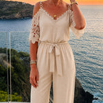 Women's Cold Shoulder Jumpsuit Gold Chain Lace Patchwork Overalls Tapered Leg Jumpsuits with Pockets & Belt