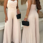 Women's Pleated Wide Leg Jumpsuit Spaghetti Strap High Waisted Shirred Backless Flared Overalls