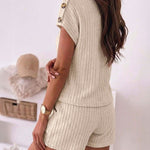 Women's Ribbed Knit 2 Piece Outfits V Neck Short Sleeve Top and Drawstring Shorts Set Casual Lounge Suits with Pockets