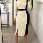 Women's Contrast Binding Midi Dress Long Sleeve Office Pencil Dress Slim Fit Side Slit Dress