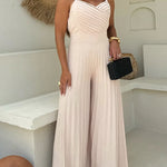 Women's Pleated Wide Leg Jumpsuit Spaghetti Strap High Waisted Shirred Backless Flared Overalls