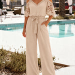 Women's Cold Shoulder Jumpsuit Gold Chain Lace Patchwork Overalls Tapered Leg Jumpsuits with Pockets & Belt