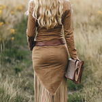 Retro Western Lapel Zipper Long Sleeve Tassel Midi Dress