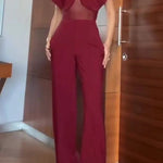 Vita Mesh Patchwork High Neck Wide Sleeve Bodysuit and High Rise Pocket Slit Pants Set