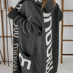 Long Elegant Stripe Cardigan Wool Long Sleeve Hooded Letter Knitted Coat