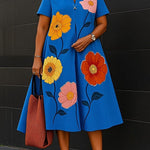 A-Line Loose Flower Print V-Neck Midi Dresses