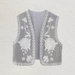 Retro Floral Embroidered Gillet Ethnic Weatern Vest Jacket Sleeveless Cardigan Crop Top