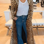 Leopard Print Long Sleeve Pocket Casual Maxi Trench Coat