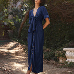 V Neck Short Sleeve Button Down Blouse Dress Tie Casual Long Maxi Dresses
