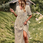 Nadorine Women's Button Down V Neck Full Print High Waist A-Line Summer Casual Dress