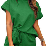 Women's Solid Textured Drawstring Shorts Set
