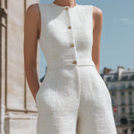 Sleeveless Boucl�� Button-Front Tailored Short Jumpsuit