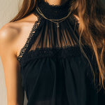 Boho High Neck Black Sheer Chiffon Lace Halter Blouse