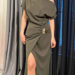 Raglan Sleeve Asymmetric Pleated Split-Front Split-Joint One-Shoulder Evening Dresses Maxi Dresses