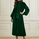 Long Sleeves Puff Sleeves Bow-Embellished Pleated Solid Color Split-Joint Tied Half Turtleneck Blouses&Shirts Tops
