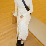 Long Sleeve Dress Crew-Neck Knit Maxi Dress Ribbed Elegant Long High Waist Pleated Dresses