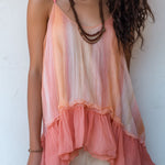 Boho Coral Sunrise Pleated Chiffon Cami Top With Ruffled Hem