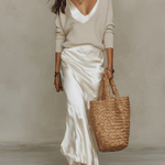 Elegant Knitted Pullover Top and Satin Midi Skirt Set