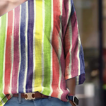 Long Sleeves Loose Contrast Color Striped One-Shoulder T-Shirts Tops