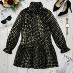 Long Sleeves Puff Sleeves Pleated Polka Dot Shiny Split-Joint High Neck Mini Dresses
