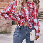 Nadorine Loose Fit Plaid Shirt Casual Long Sleeve Lapel Collar Button Tunic Tops