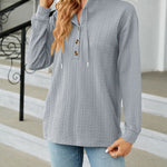 Solid Color Hooded Loose-Fitting Long-Sleeved Sweatshirt with Buttons