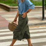 Loose Wide Leg Buttoned Pockets Solid Color Split-Joint Capri-Pants Cropped Trousers