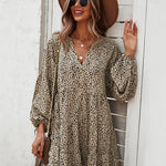 Loose V-neck Bubble Sleeve Leopard Print Dress