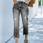 High Waisted Straight Leg Ripped Boyfriend Jeans Frayed Ankle Denim Pants