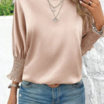 Smoke Gray Smocked Dolman Sleeve Satin Blouse