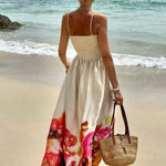 Hidden Garden Satin Floral Print Smocked Tie-up Shoulder Maxi Dress