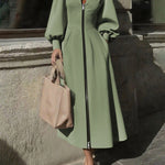 A-Line Long Sleeves Pleated Pockets Solid Color Zipper V-Neck Midi Dresses