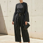 Flared Sleeves Long Sleeves Contrast Color Plaid Split-Joint Round-Neck Blouses&Shirts Tops