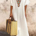 V-neck Casual Loose Retro Ethnic Print Short-sleeved Maxi Dress