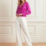 Long Sleeves Bow-Embellished Buttoned Solid Color V-Neck Blouses&Shirts Tops